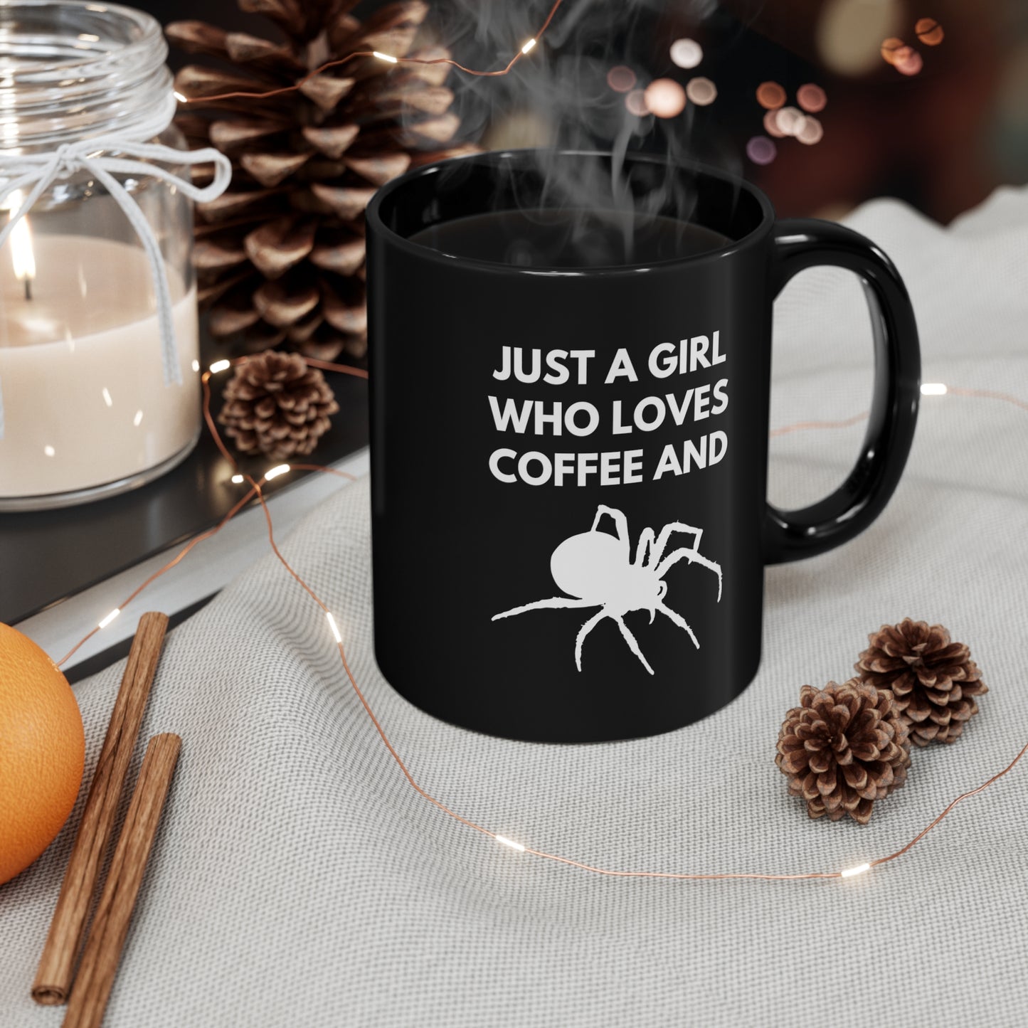 A Girl Who Loves Coffee and Spiders 11 oz. Black Mug by The Dark Side of Fashion