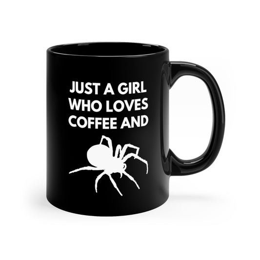 A Girl Who Loves Coffee and Spiders 11 oz. Black Mug by The Dark Side of Fashion