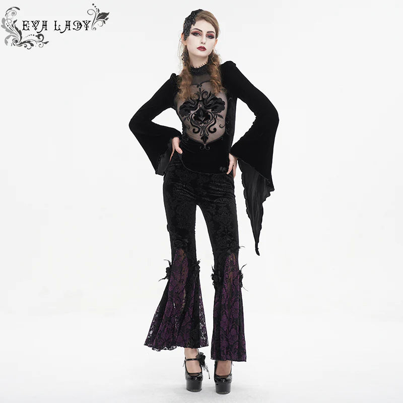 Moonlit Roses Purple Velveteen Flare Pants by Eva Lady