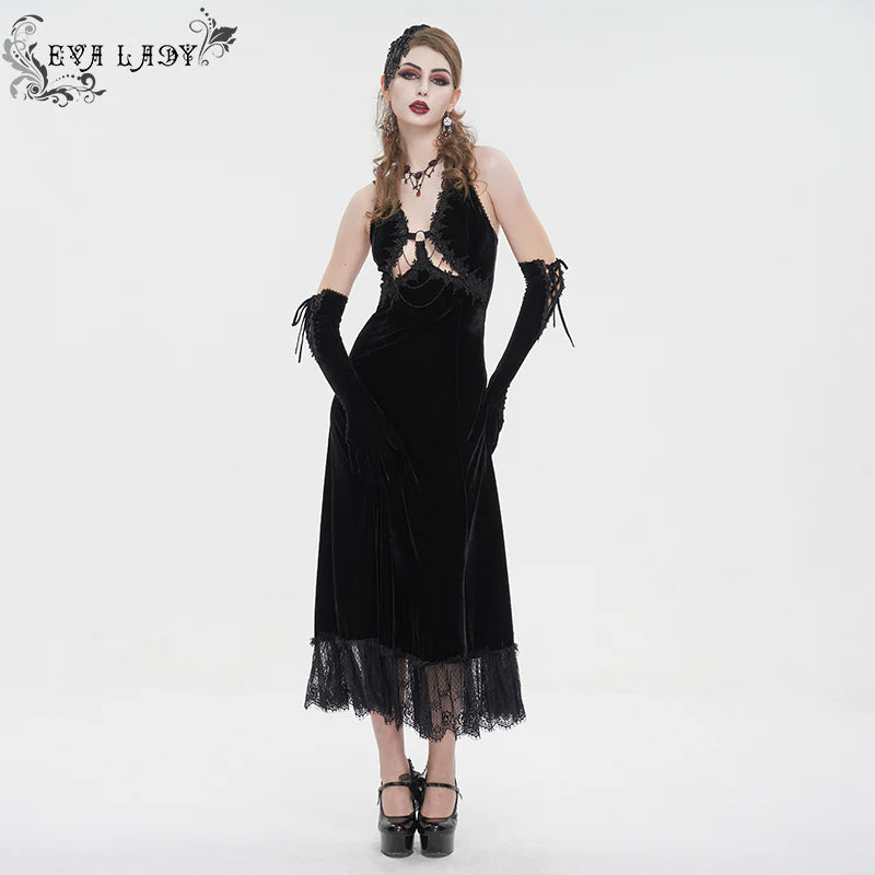 Celeste Black Gothic  Velvet Halter Dress by Eva Lady