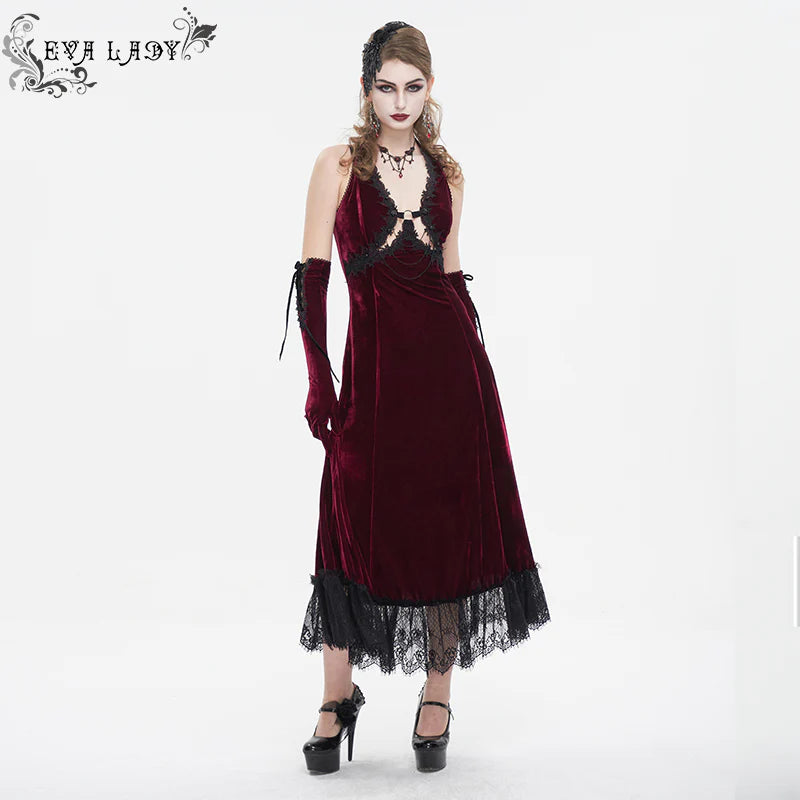 Celeste Red Gothic Velvet Halter Dress by Eva Lady