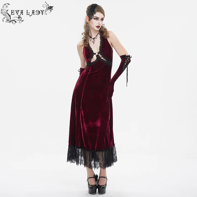 Celeste Red Gothic Velvet Halter Dress by Eva Lady