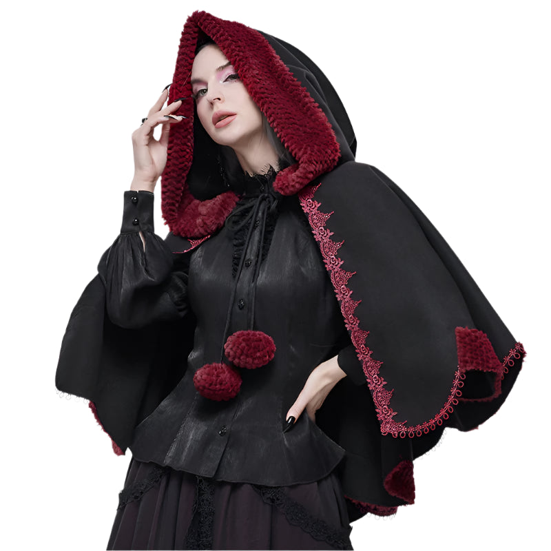 Thorns Of A Rose Gothic Red Faux Fur Shawl Cape by Devil Fashion