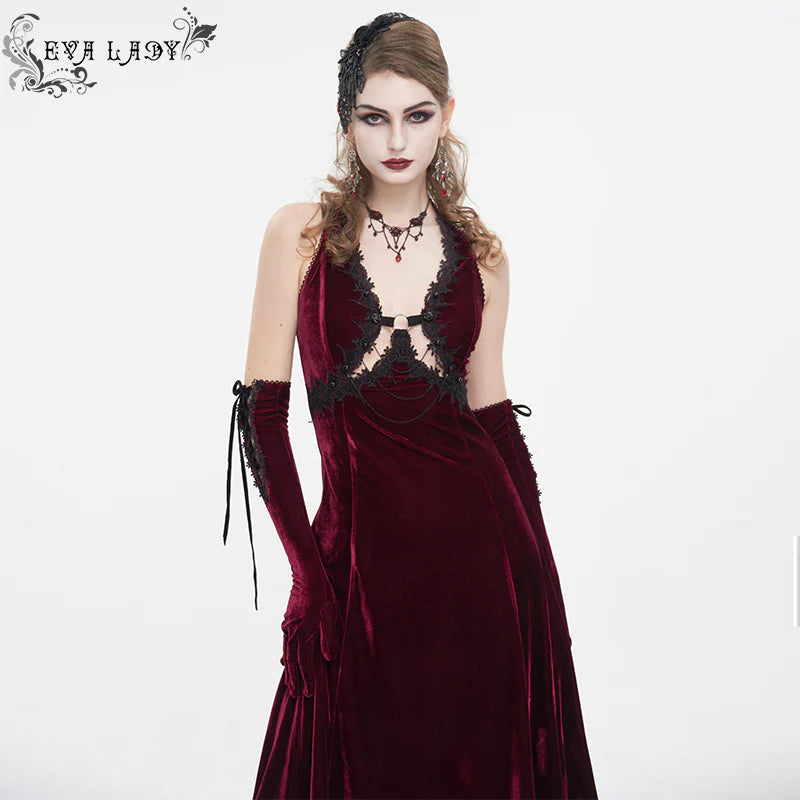 Celeste Red Gothic Velvet Halter Dress by Eva Lady