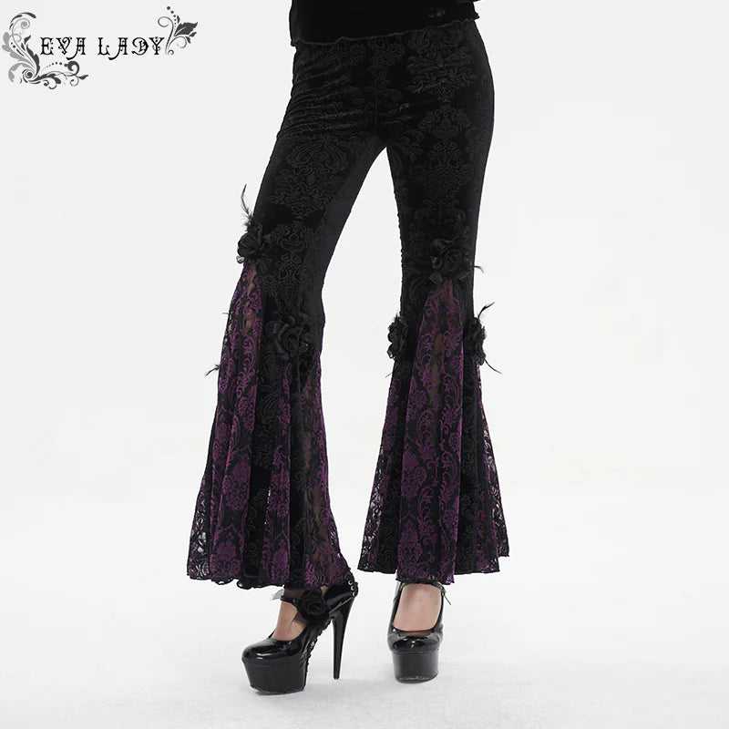 Moonlit Roses Purple Velveteen Flare Pants by Eva Lady