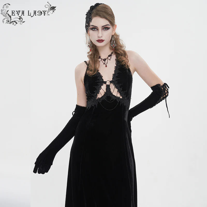 Celeste Black Gothic  Velvet Halter Dress by Eva Lady