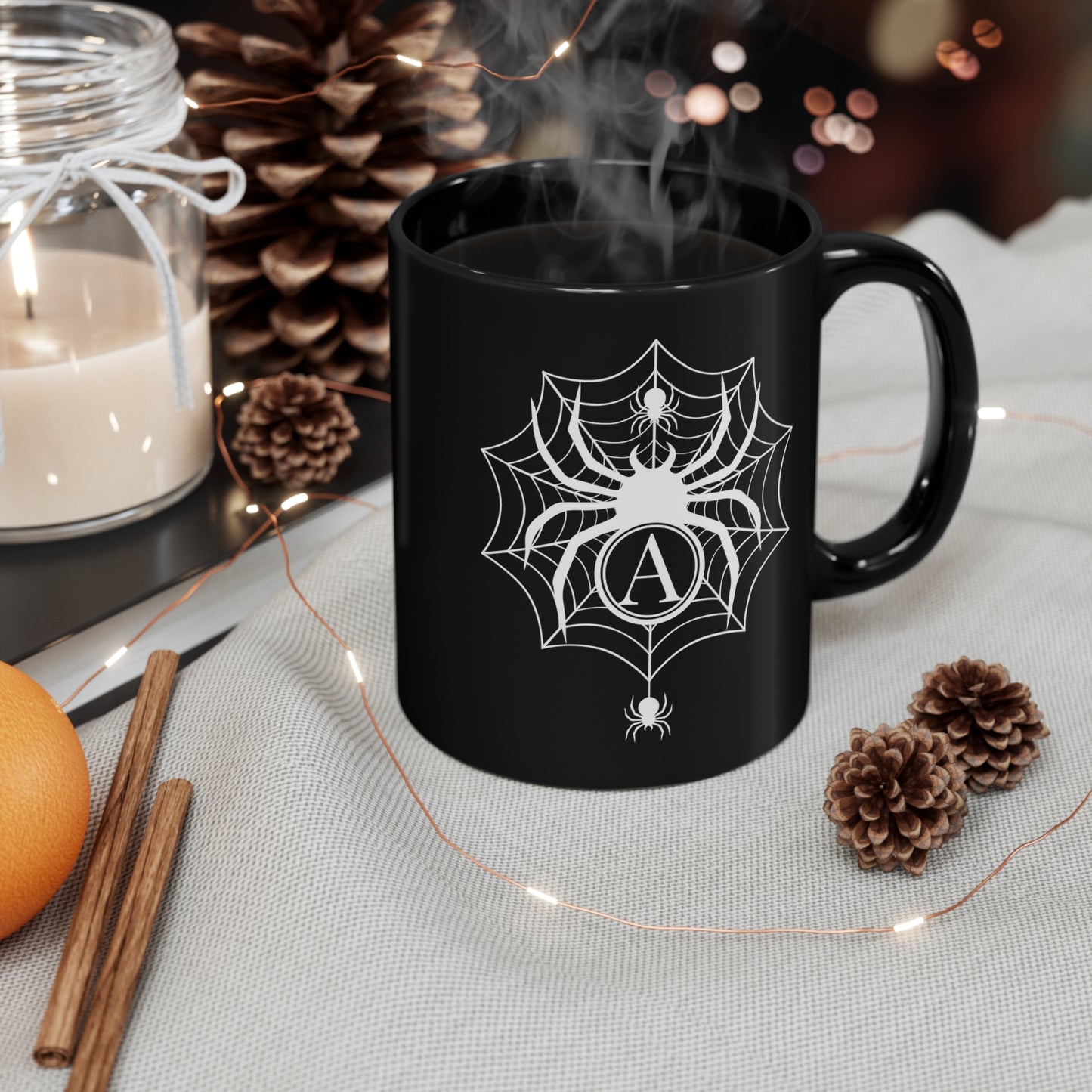 Personalized Letter Big Spiderweb 11 oz. Black Mug by The Dark Side of Fashion