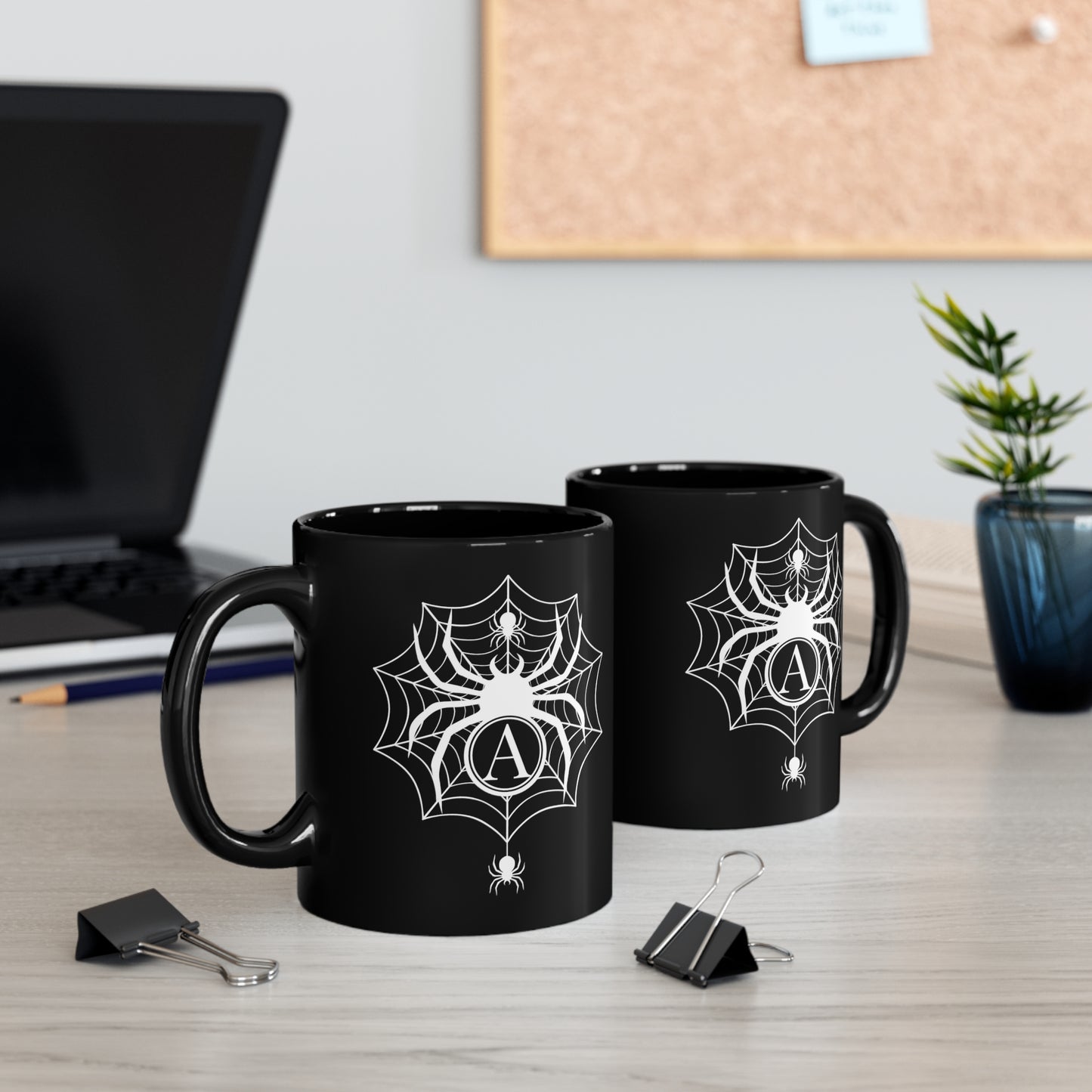 Personalized Letter Big Spiderweb 11 oz. Black Mug by The Dark Side of Fashion