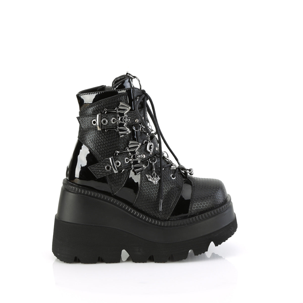 SHAKER-66 Bat Buckle Wedge Ankle Boots by Demonia