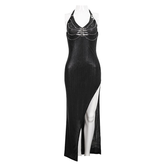 Glam Ghoul Chain Harness Halter Dress by Devil Fashion
