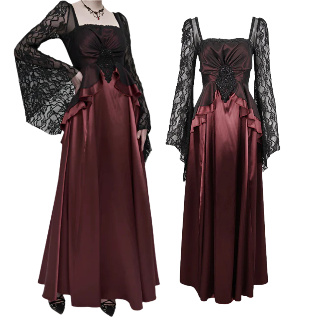 Deadly Celebrations Lace Sleeve Red Dress by Eva Lady