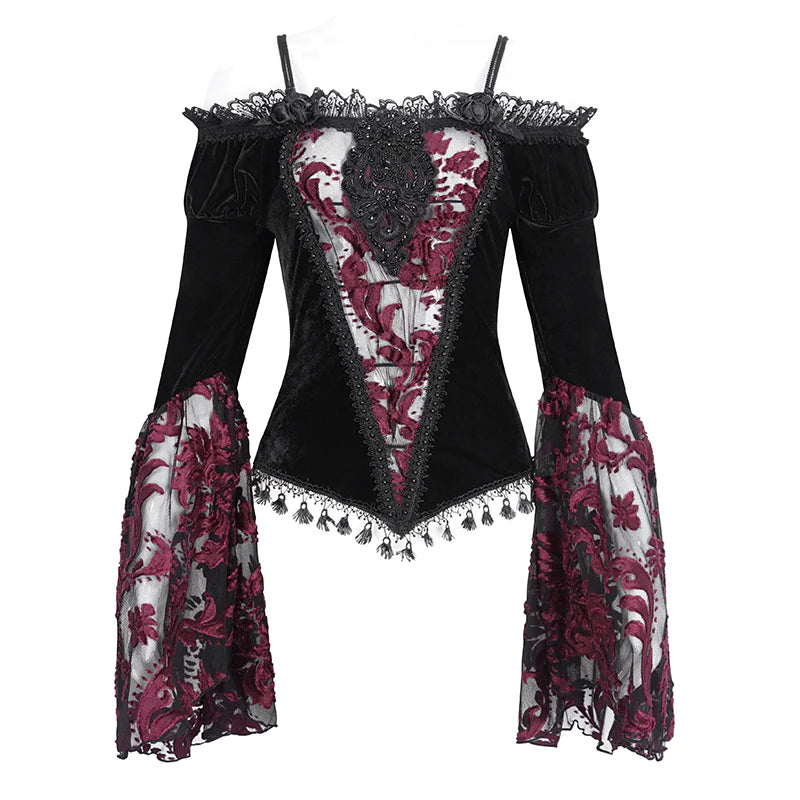 トップス Bellsleeveribbonbaretop ensemble mmeeme Everly Gothic Red Lace Bell Sleeve Velvet Top by Eva Lady – The
