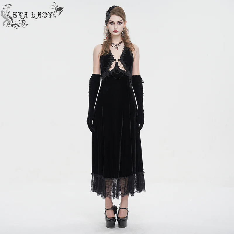 Celeste Black Gothic  Velvet Halter Dress by Eva Lady