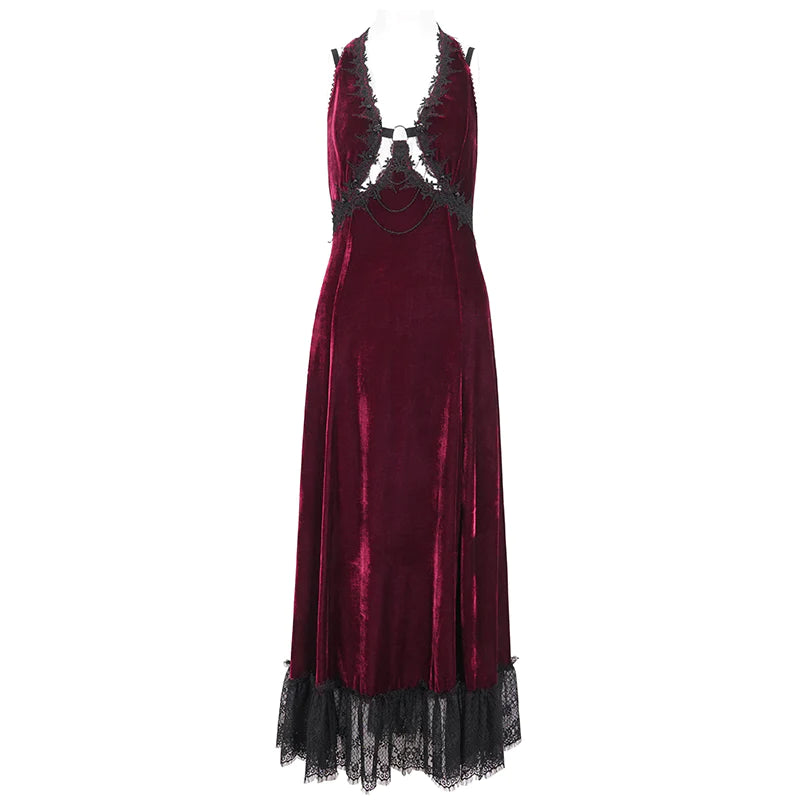 Celeste Red Gothic Velvet Halter Dress by Eva Lady