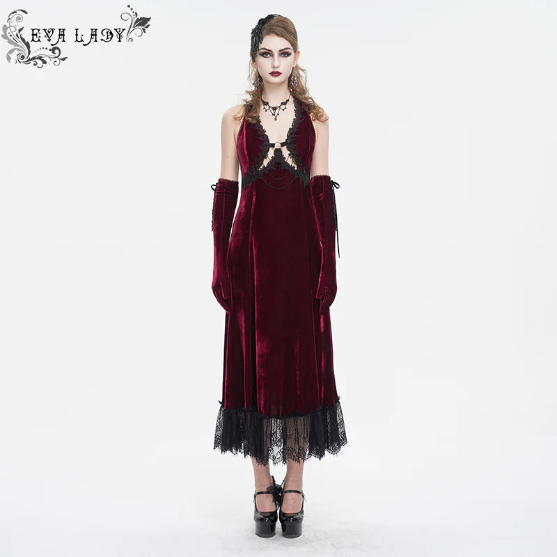 Celeste Red Gothic Velvet Halter Dress by Eva Lady