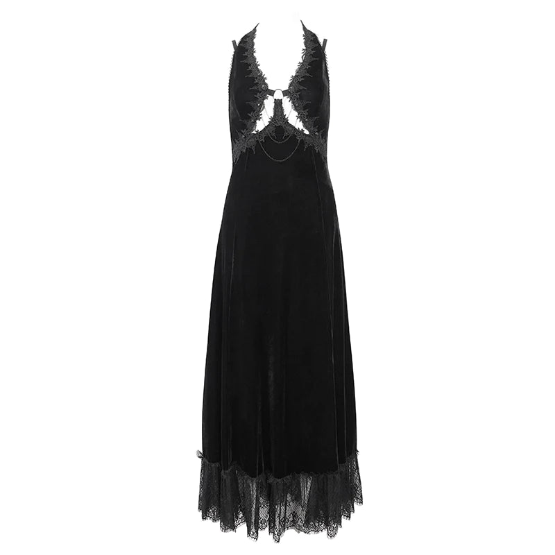 Celeste Black Gothic  Velvet Halter Dress by Eva Lady