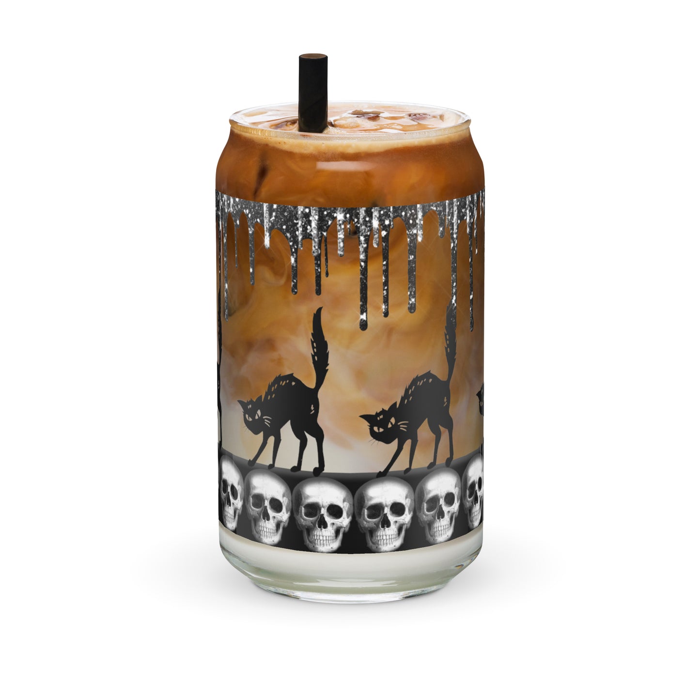 Sparkle Spooky Cats & Skulls Glass Can Cup by The Dark Side of Fashion