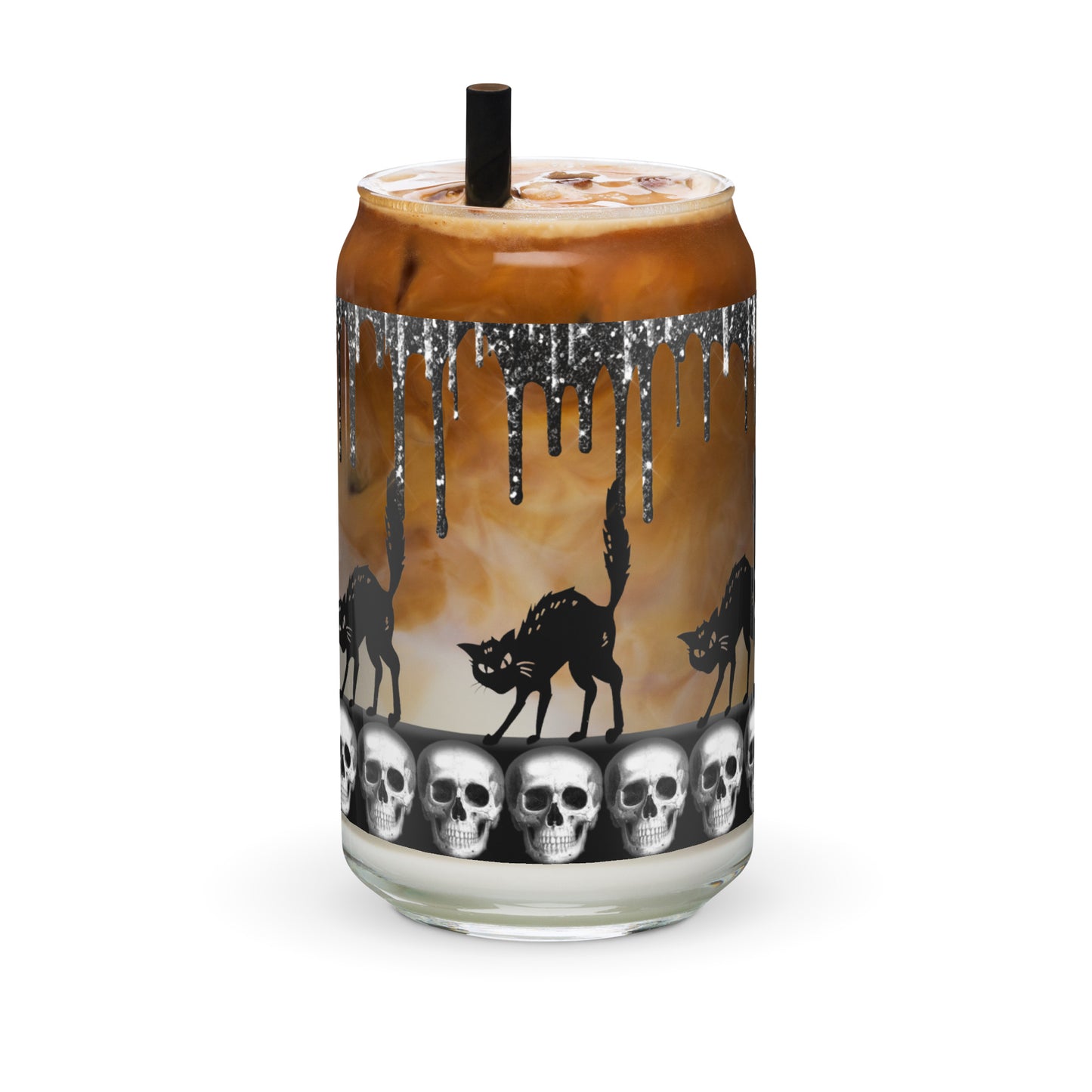 Sparkle Spooky Cats & Skulls Glass Can Cup by The Dark Side of Fashion