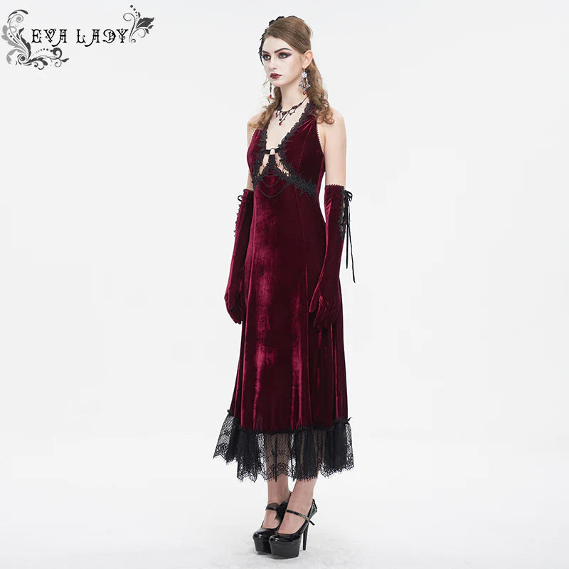 Celeste Red Gothic Velvet Halter Dress by Eva Lady