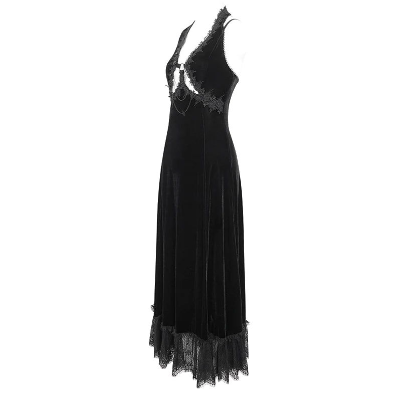 Celeste Black Gothic  Velvet Halter Dress by Eva Lady