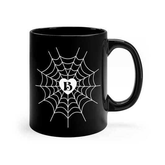 Personalized Letter Heart Spiderweb 11 oz. Black Mug by The Dark Side of Fashion