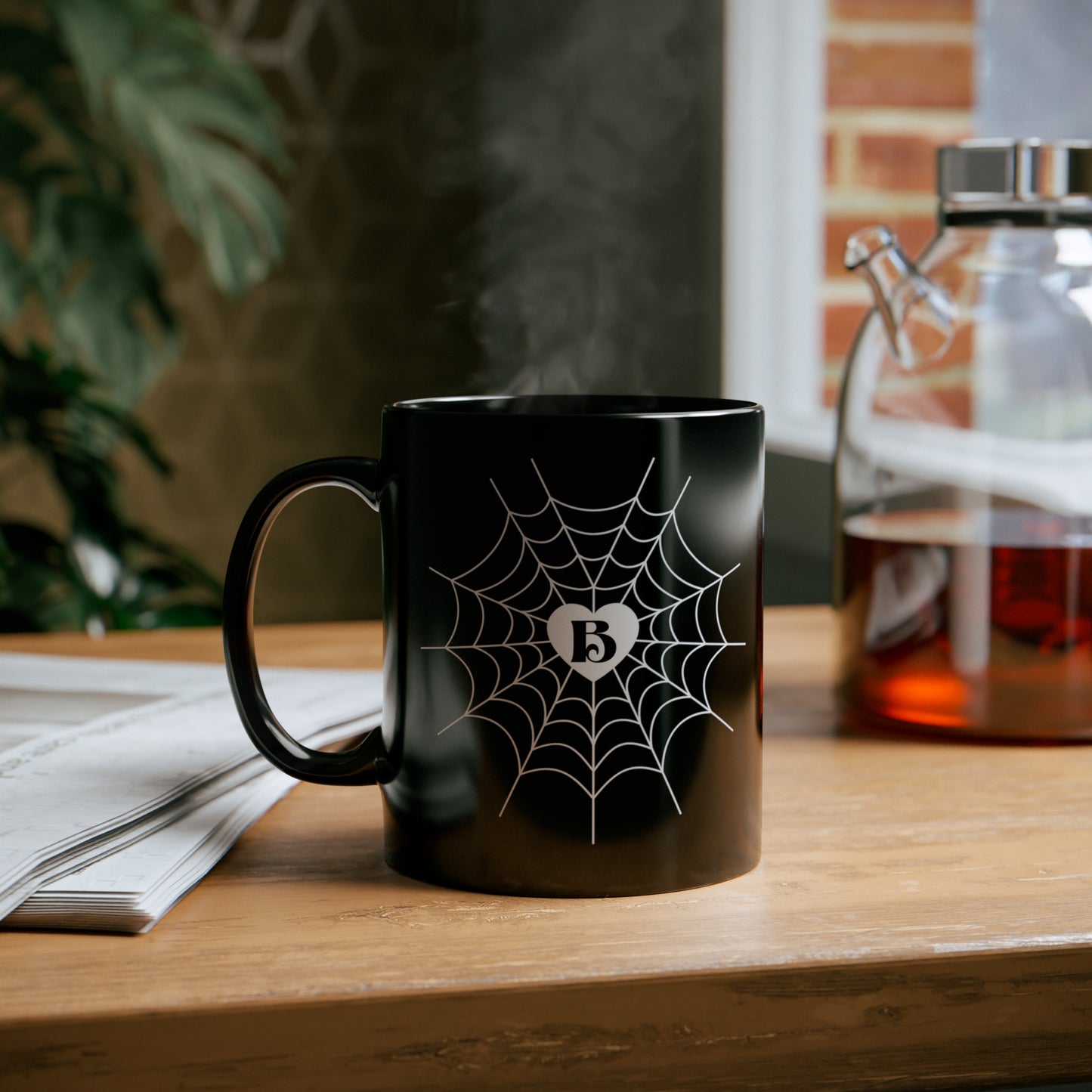 Personalized Letter Heart Spiderweb 11 oz. Black Mug by The Dark Side of Fashion