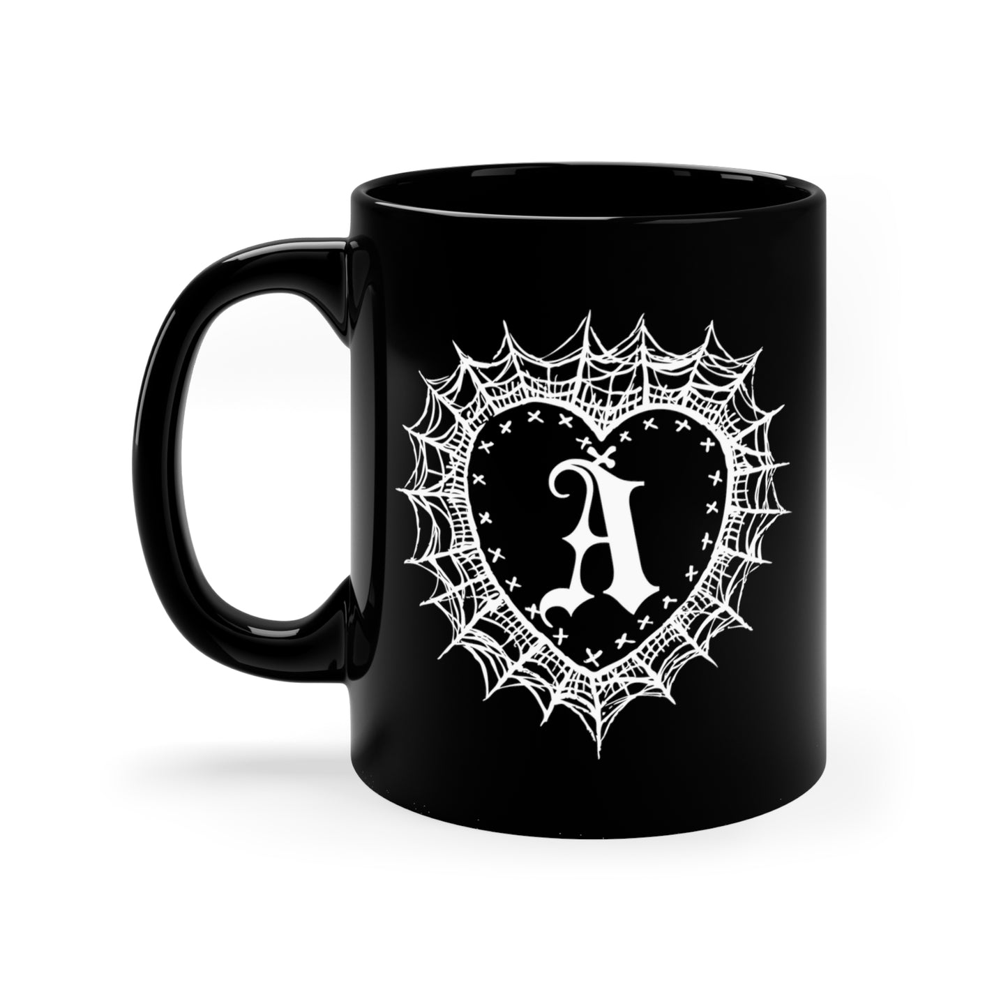 Personalized Letter Web Heart 11 oz. Black Mug by The Dark Side of Fashion