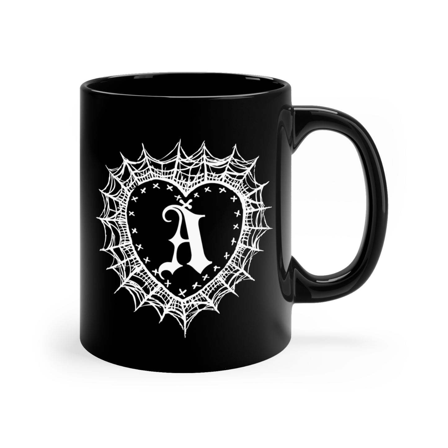 Personalized Letter Web Heart 11 oz. Black Mug by The Dark Side of Fashion