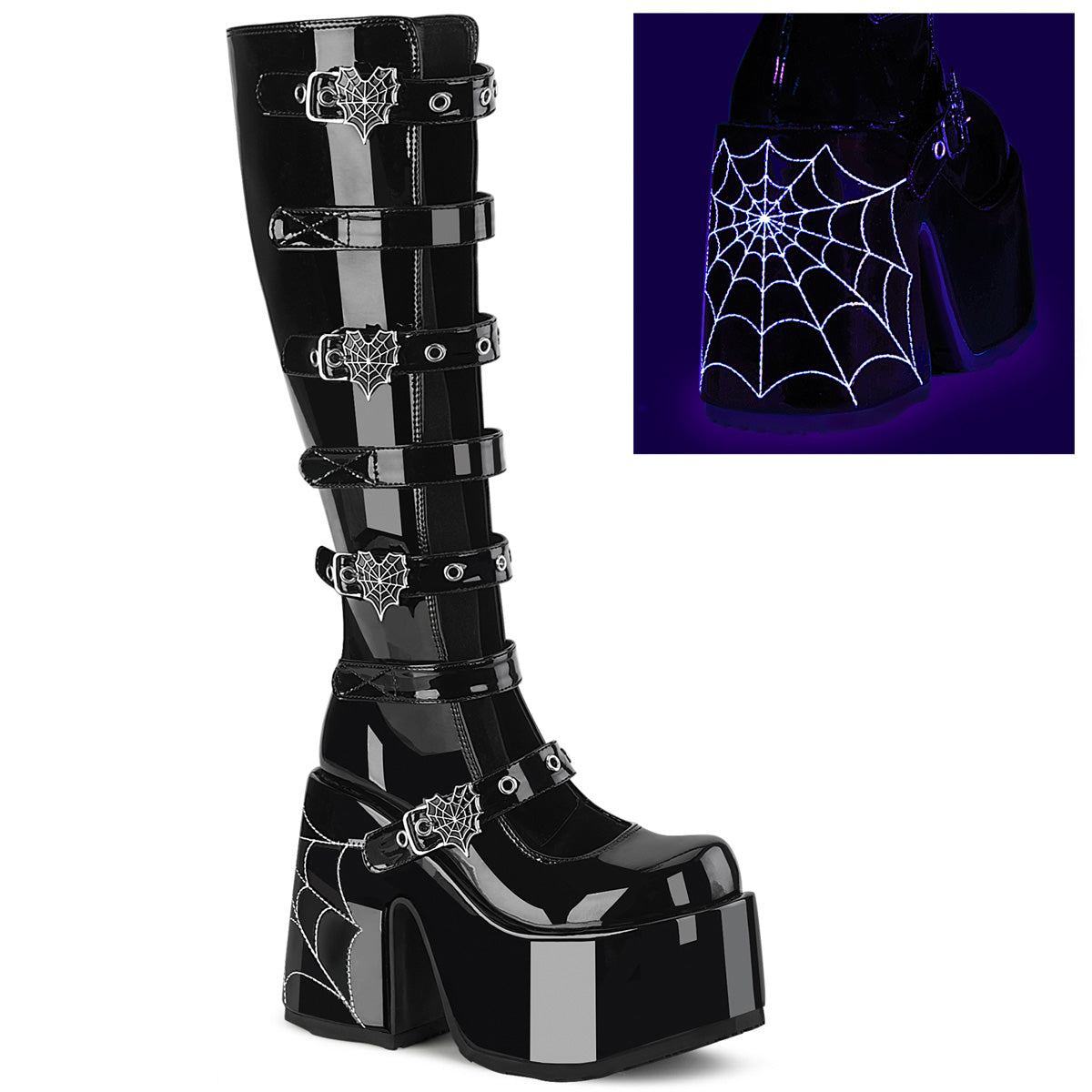 CAMEL 223 Spiderweb Heart Knee High Platform Shoes by Demonia The Dark Side of Fashion