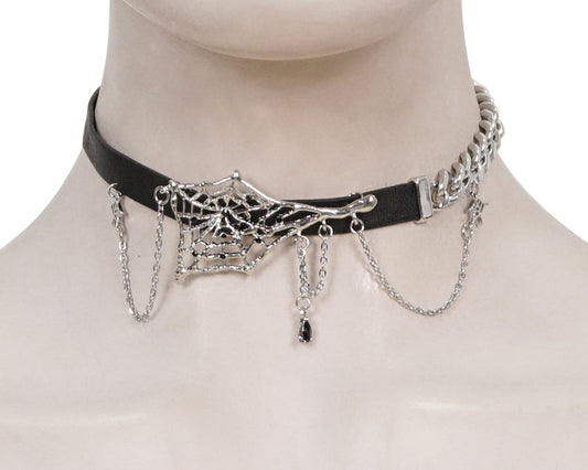 Spiderweb Faux Leather Chain Choker by Devil Fashion