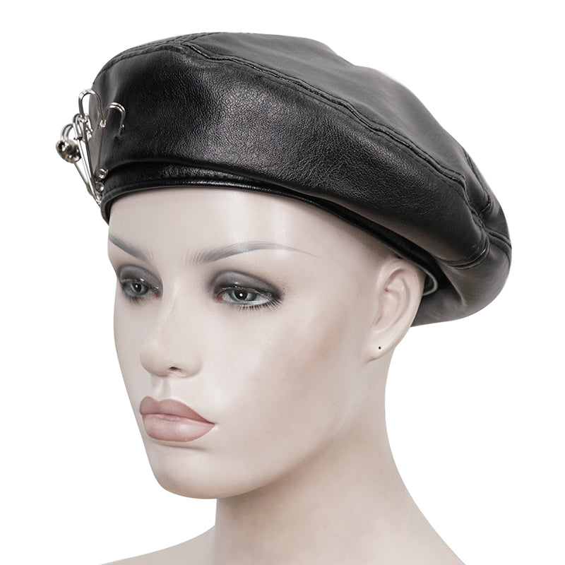 Skulls & Pins Faux Leather Beret Hat by Devil Fashion