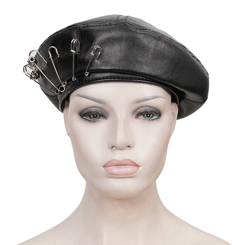 Skulls & Pins Faux Leather Beret Hat by Devil Fashion