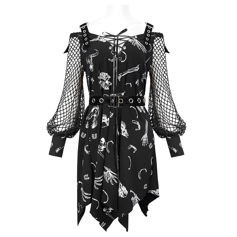 Graveyard Bones Fishnet Sleeve Dress by Devil Fashion