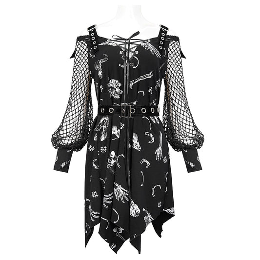 Graveyard Bones Fishnet Sleeve Dress by Devil Fashion