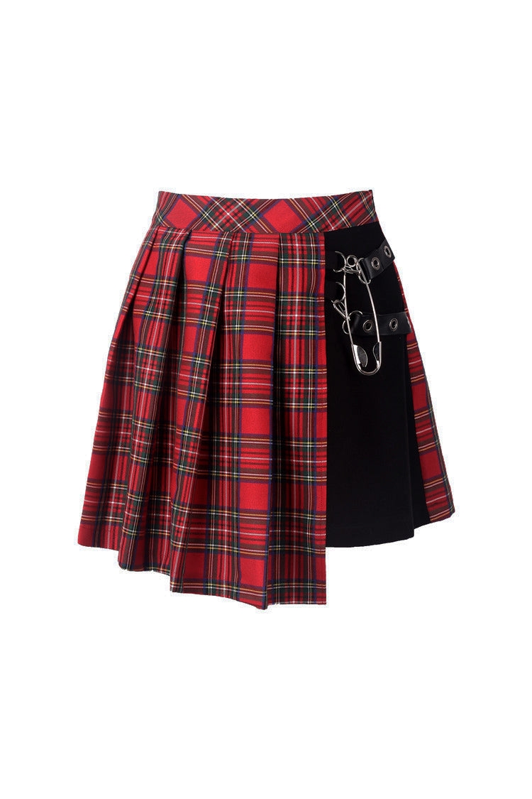 Red Punk Plaid Pleated Skirt by Dark In Love