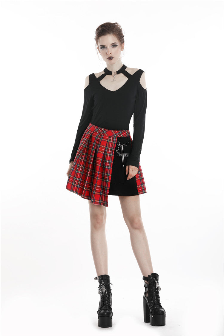 Red Punk Plaid Pleated Skirt by Dark In Love
