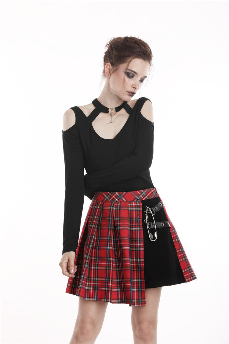 Red Punk Plaid Pleated Skirt by Dark In Love