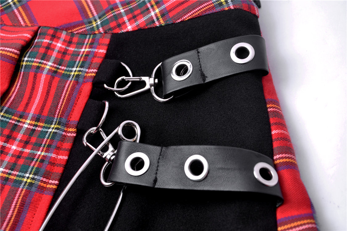 Red Punk Plaid Pleated Skirt by Dark In Love