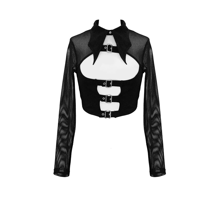 Batty Ghoul Batwing Collar Fishnet Crop Top by Devil Fashion