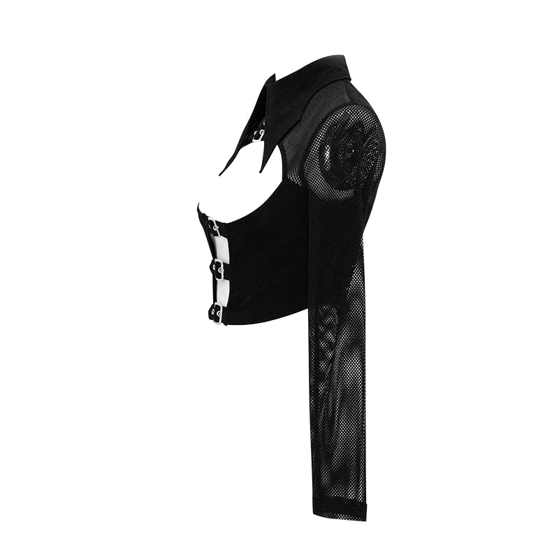 Batty Ghoul Batwing Collar Fishnet Crop Top by Devil Fashion