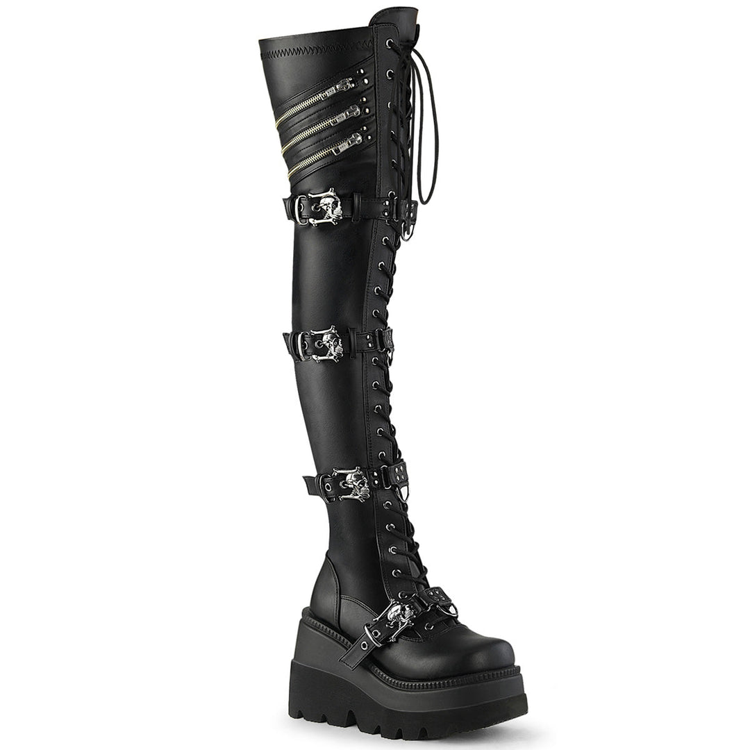 SHAKER-420 Skull Platform Thigh High Boots by Demonia