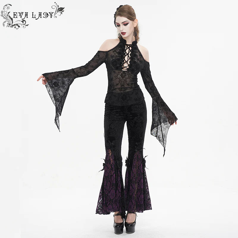 Lovely Roses Gothic Mesh Bell Sleeve Top by Eva Lady
