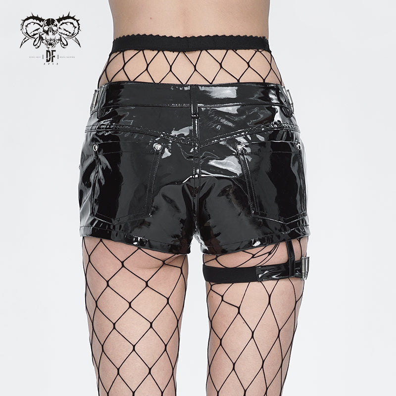 Kiss The Skulls PU Leather Shorts by Devil Fashion