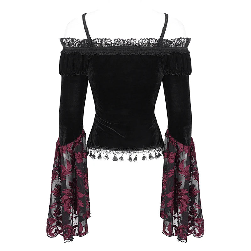 Everly Gothic Red Lace Bell Sleeve Velvet Top by Eva Lady