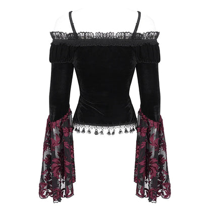 Everly Gothic Red Lace Bell Sleeve Velvet Top by Eva Lady