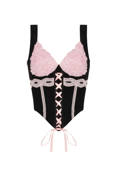 Peonies Pink Lace Trim Velvet Corset Top by Dark In Love