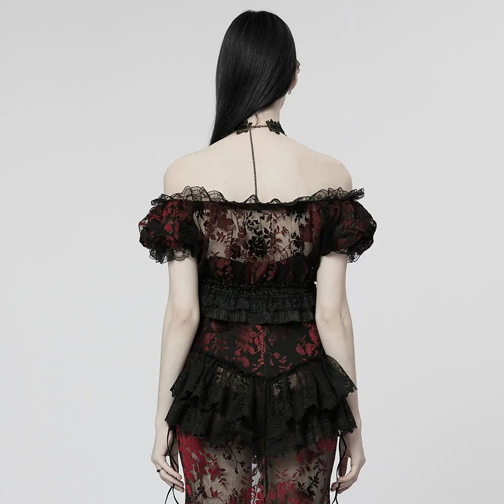Lady Anne Lace With Bardot Neckline Red and Black Top by Punk Rave