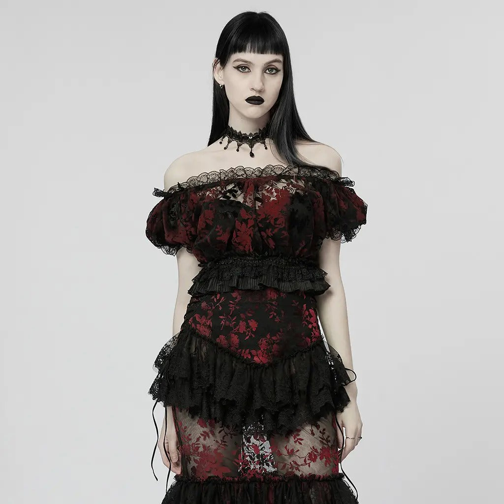 Lady Anne Lace Top With Bardot Neckline - Red and Black by Punk Rave