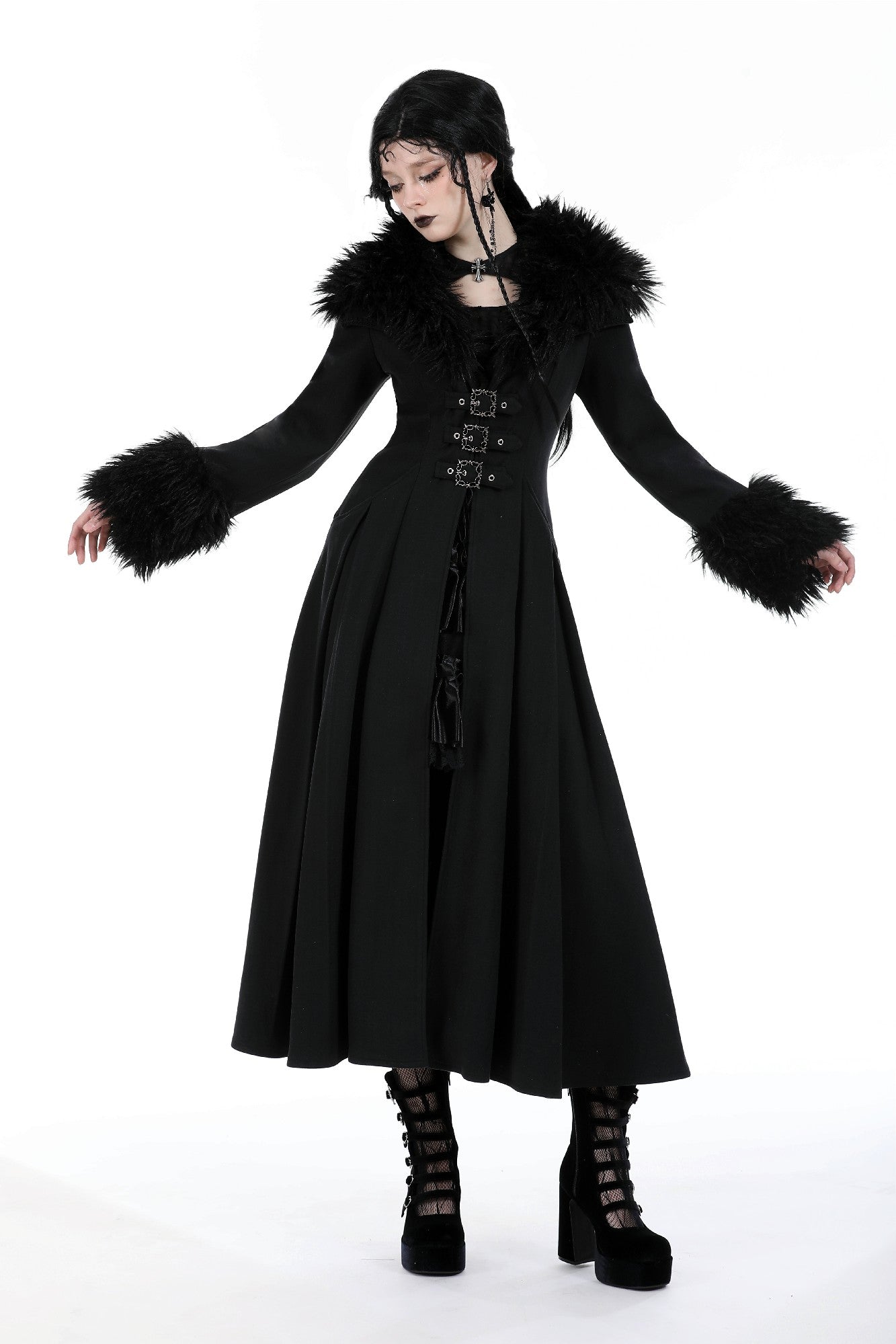 My Shadow Faux Fur Trim Gothic Coat by Dark In Love