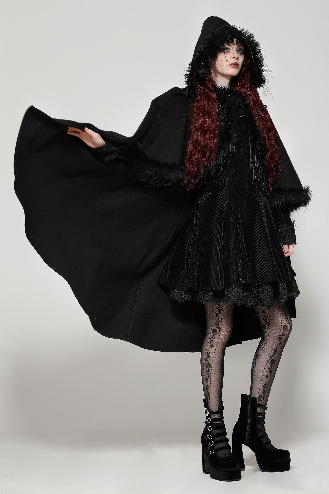 Grieving Gothic Faux Fur Hooded Cloak by Dark In Love